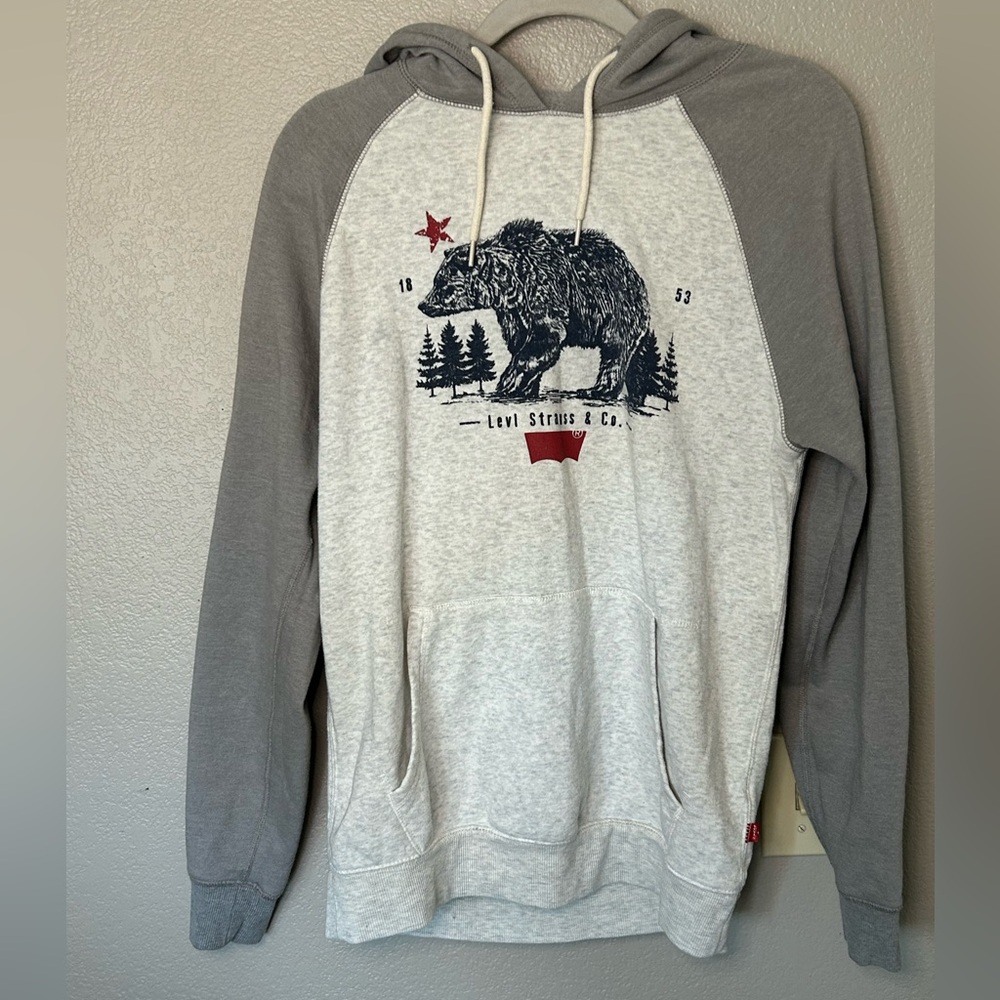 Levi Strauss CA Bear Hooded Sweatshirt Gray Hoodie Casual Streetwear Sz M